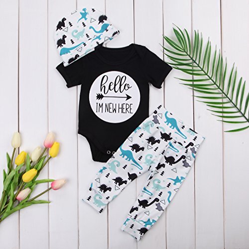 Hello Im New Here Infant Baby Boy Dinosaur Outfit Romper Pant Hat 3Pcs Set (3-9 Months, Black+White) #TOP6