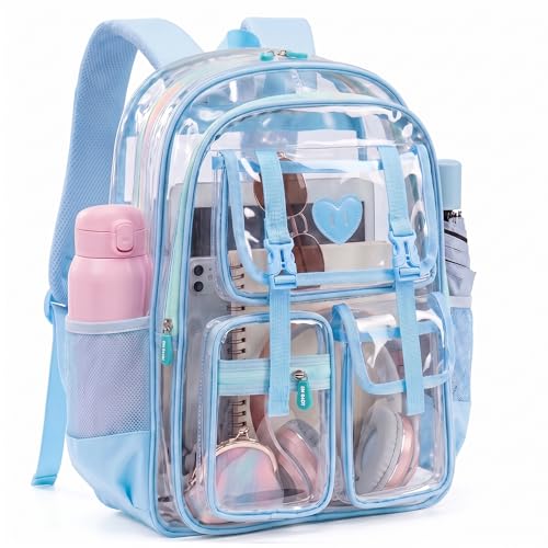 SAIERNA Mochila de gelatina transparente à prova d'água 26L, PVC resistente, 8 bolsos, compatível com checkpoint – viagens, trabalho, academia e uso diário (azul)