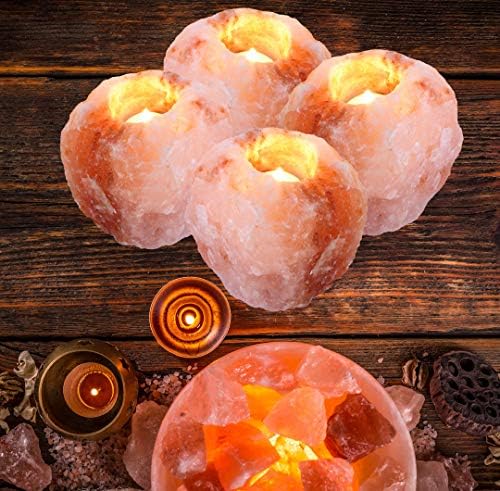 Giggi 4 x Set Himalayan Salt Lamp Tea Light Candle Holder, Natural Pink Tea Light Candle Holders, Himalayan Pink Salt Tealight Candle,Tealight Candle Set Aromatherapy Candle for Meditation Accessories