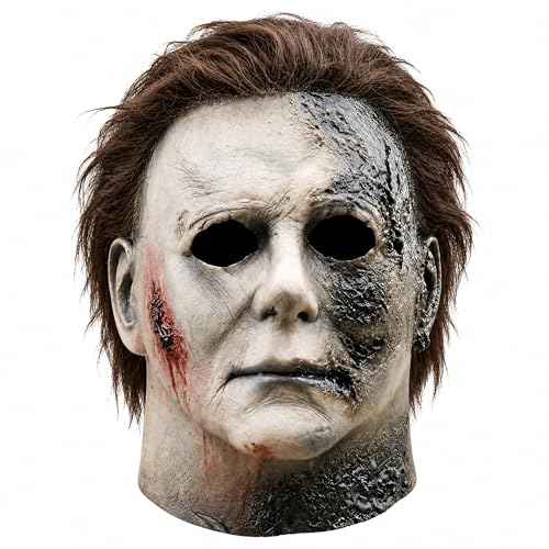 Adult Full Head Horror Mask with Hair Distressed Latex Costume Mask for Halloween Cosplay and Masquerade (Burned White)