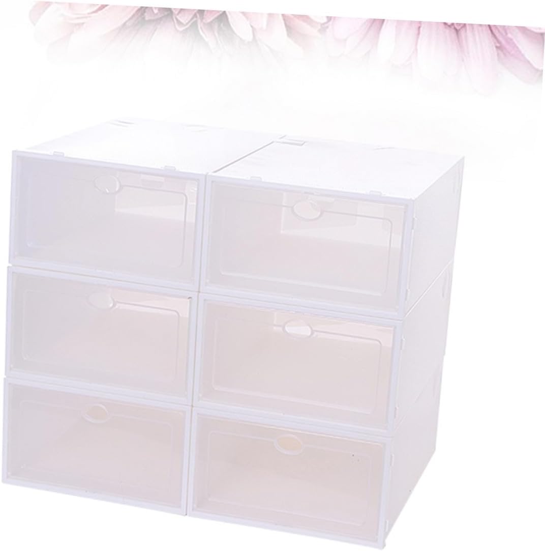 6PCS Thickened Transparent Stackable Shoe Boxes Plastic Storage Containers for Women Space-saving White Frame Organizers for Small Closets and Dorm Rooms