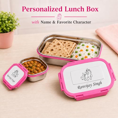 Image of SAVRI Personalized Stainless Steel Big Lunch Box with Small Container with Your Child Name and Favourite Character Engraved for Kids Students Birthdays Return Gift Four Lock Tiffin Box (Pink)