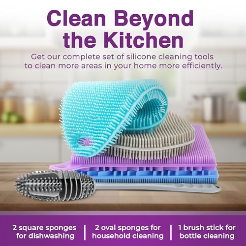 Image of Silicone Dish Scrubber Sponges (5-Pack) - Dual-Sided Silicone Scrubbers and 1 Bottle Stick Brush - Food Grade Kitchen Scrubbers for Dishes - BPA-Free Sponges