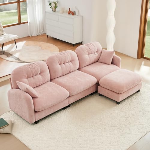 Image of KEIKI 107 inch L-Shaped Oversized Chenille Modular Sectional Sofa with 1 Ottoman, High-Density Foam Cushions, Tufted Pleated Cushion Backrest, Modern 3-Seater Couch with 2 Pillow, for Living Room, Pink