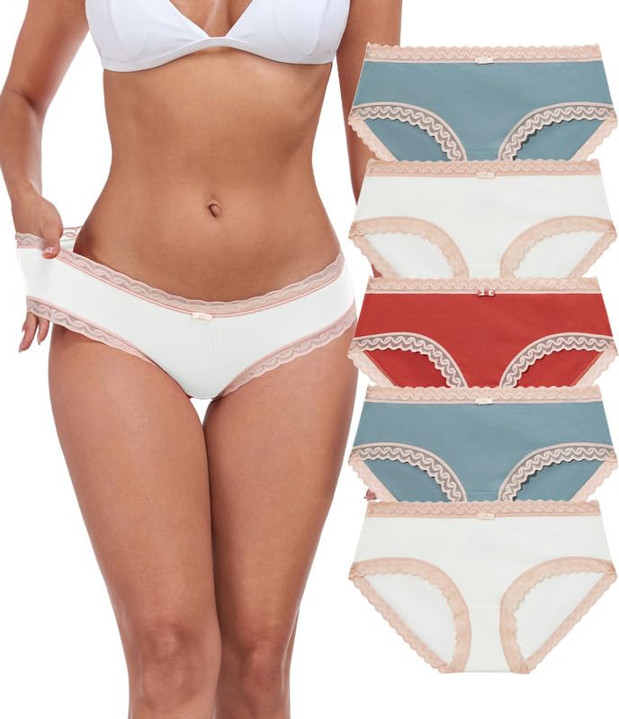 ANLIQI Cotton Underwear for Women Soft Lace Trim Hipster Panties Low Rise Bikini Undies Multipack