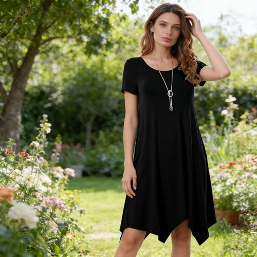 Image of Women Casual Loose Soft Crewneck Short Sleeve Pockets Swing T-Shirt Dress