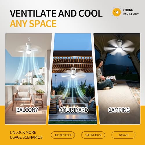 Image of 21'' Ceiling Fan with Light and Remote, 21600mAh Battery Operated Gazebo Fan,Outdoor Hanging Fan for Gazebo, RV,Patio, Camping Tent, Greenhouse,Porch ,Chicken Coop, USB-C Fast Charge