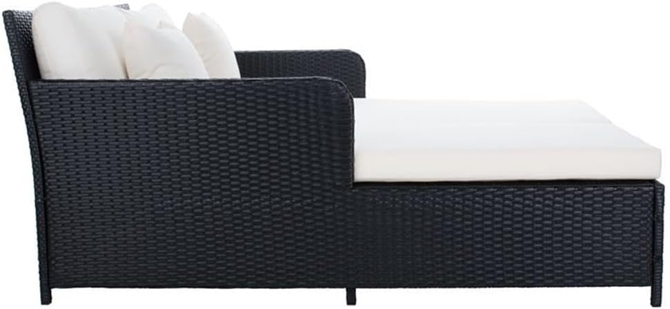 Pemberly Row Outdoor Daybed with Pillows, Polyester/Steel Metal, Black Finish, Powder Coated Weather Resistant Design, 27.59" H x 52.65" W x 62.4" D, Comfortable Poolside or Patio Seating