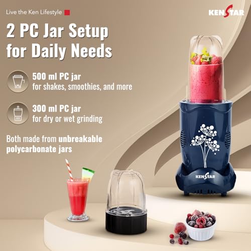 Image of Kenstar Nutrino Mixer Grinder Blender | 2 Jar 350W | High Power Motor Juicer | Blender and Mixer | Durable ABS Body | Blue & Black