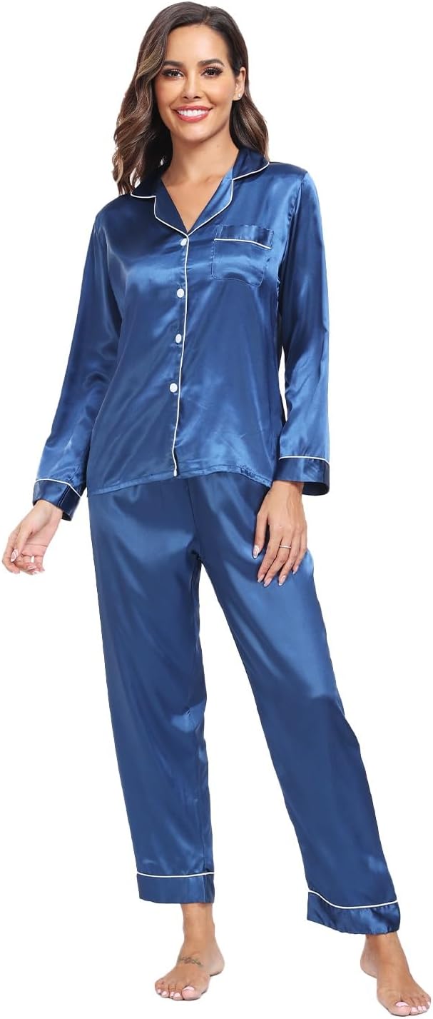 Super Shopping-zone Women's Satin Pajama Set Long Sleeve Pajamas Button Down Pjs Set Silky Sleep Set Sleepwear Loungewear - Image 2