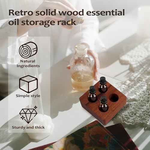Image of VolksRose Angled Wenge Essential Oil Organizer for 5-20ml Bottles - 4 Hole Mini Storage Holder, Compact Display Stand for Travelers, Oil Beginners, Aromatherapy Countertop Shelf for Home & Spa