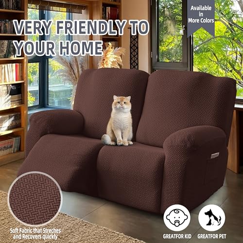 Image of Genina Recliner Loveseat Covers, Stretch Reclining Sofa Covers, 2 Seater Couch Cushion Stripe Jacquard Recliner Slipcovers - Furniture Protector Covers for Pet Kid (Chocolate)