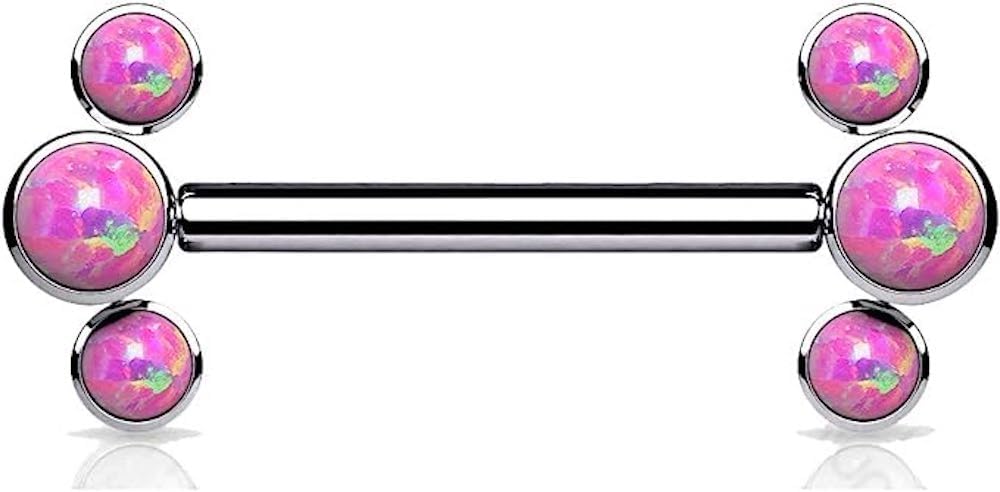 Covet Jewelry Titanium Internally Threaded Nipple Barbell 3 Round Opal Bezel Set Ends