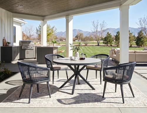 PURPLE LEAF Outddor Round Dining Set for 4 with Cushions PE Rattan Grey
