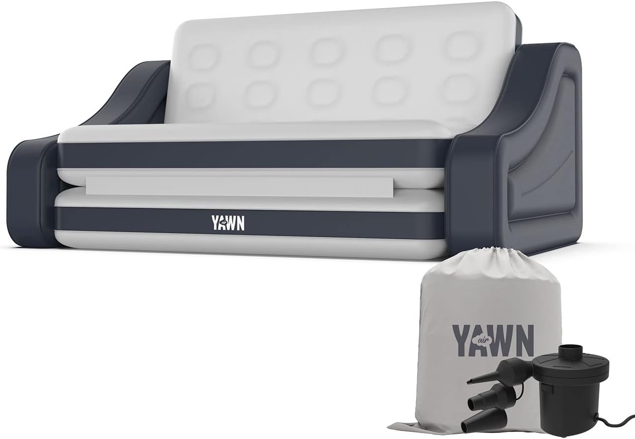 YAWN AIR Inflatable Sofa Bed with Electric Pump - Converts into a Double Bed Mattress - Integrated Headboard & Anti-Roll Arms - Great for Camping - 250kg Max Weight - Bonus Storage Bag Included