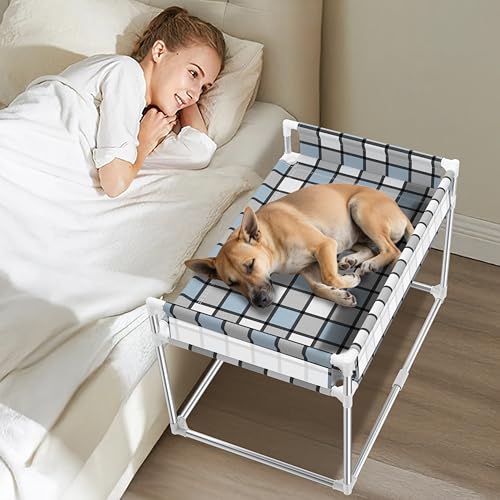 Bedside Window Pet Cat Bed - Dog Bed with Guardrail Extension Attached to Human Bed Height Elevated Dogs Cats Window Perch Bedside Dog Cot Sleeper Hammock Furniture Pet Beds (34'' x 20'' x 24'')