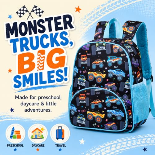 Image of LOIDOU Kids Preschool Backpack for Boys, 15 Inch Monster Truck School Bag, Lightweight Water-Resistant Kindergarten Backpack with Chest Strap for Ages 3-6