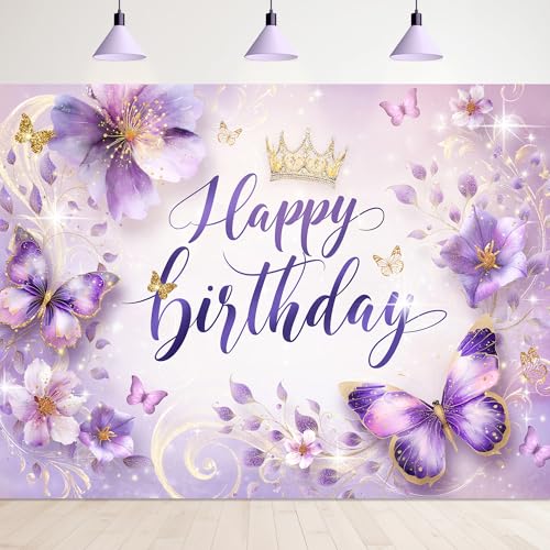 Happy Birthday Watercolor Purple Butterfly Lilac Photography Backdrop