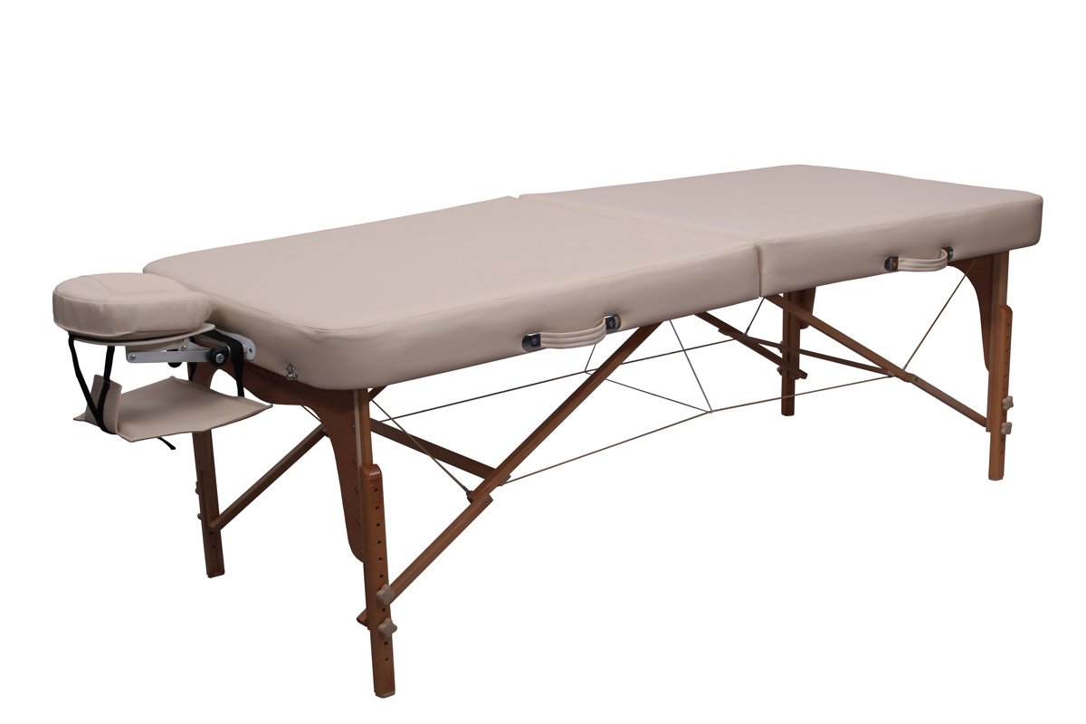 Zen – Mobile FlatTop Massageliege klappbar & höhenverstellbar – Massagetisch aus Vollholz mit verstellbarem Aluminium-Kopfteil – Massagebank mit Armlehnen & Tragetasche (Cremé)