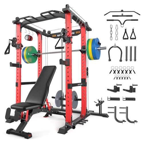 Image of SPORTSROYALS Power Rack, Multi-Functional Power Cage, Squat Rack with Pulley System & LAT Pull Down, Workout Cage with J Hooks for Home Gym