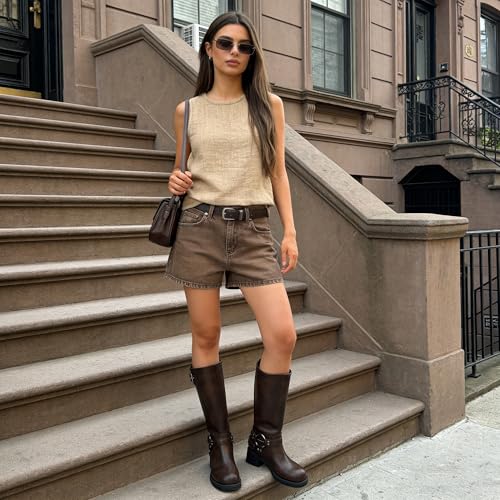 Image of AMINUGAL Knee High Boots Women Square Toe Pull On Wide Calf Riding Fashion Buckles Chunky Metallic Casual Vintage Buckle Rivet