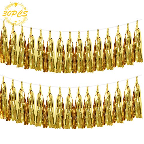 TONIFUL 30Pcs Shiny Gold Foil Tassels Garland Paper Fringe Banner DIY Metallic Foil Hanging Garland Kit Decorations for Birthday Bridal Shower Christmas Party Table Wall Backdrop Party Supplies