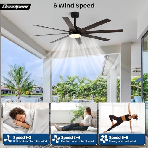 Image of Conciseer 72 Inch Ceiling Fans with Lights, Remote Control, Dual-Color 8 Blades, 24W 3CCT,6-Speed Reversible Quiet DC Motor - Black and Wood Grain for, Living Room, Kitchen Brown