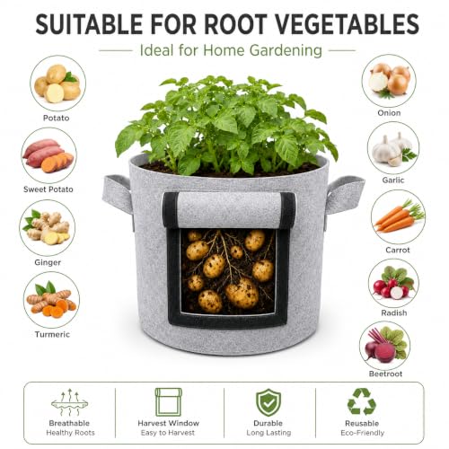 Image of Casa De Amor 15x12 Inch Potato Grow Bags for Root Vegetables, Geo Fabric 400 GSM Plant Bag (Light Grey Color, Pack of 2)