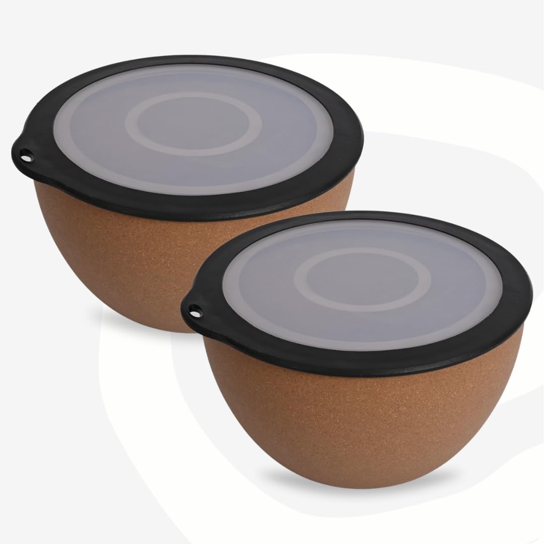 EhaEarth Friendly Mixing Bowls For Kitchen with Lid | Microwave Safe Bowl Set | Made with Rice Husk and Bamboo Fibers | 2900 ml Each | Set of 2 | Tortilla