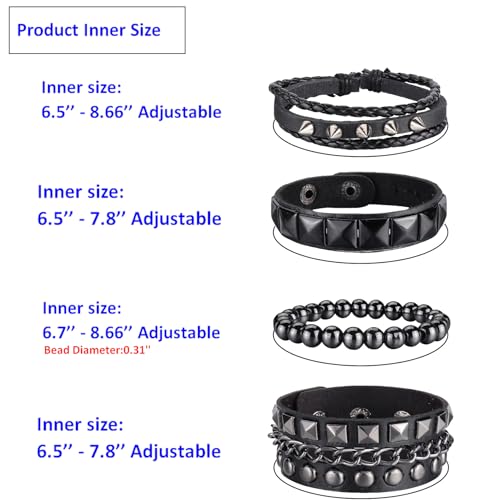 Ulekuke 4 Pcs Punk Rock Leather Studded Bracelets for Men Women 80s Gothic Spike Cuff Bracelet Set Emo Accessories for Rocker Outfits(BKQ-BK) by Ulekuke - Used condition - Image 3