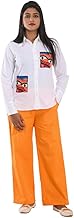 Women’s Cotton Patchwork Co-ord Set | White Shirt with Embroidered Pockets & Orange Pants | Casual Ethnic Lounge Wear | Stylish Summer Two-Piece Shirt Pant Set