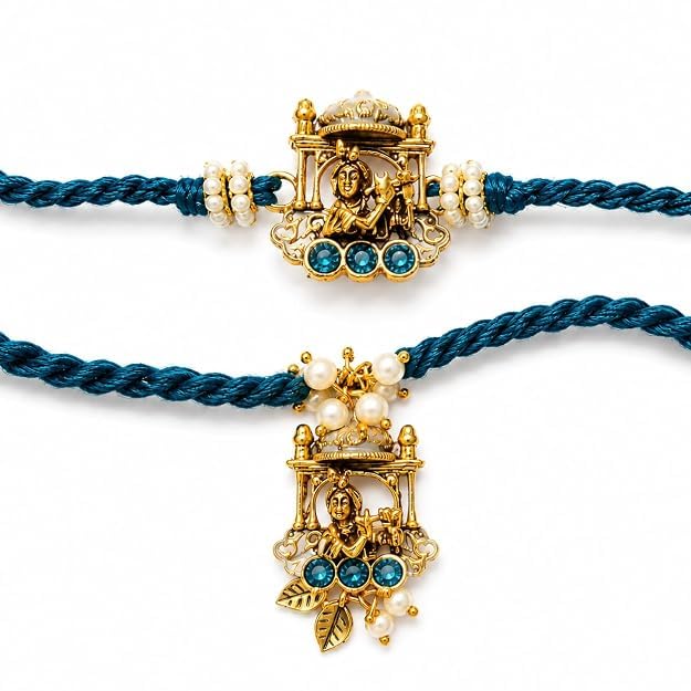 Designer Rakhi for Brother and sister-in-law | Blue Silk Thread with Pearl & Stone Work | Traditional Raksha Bandhan Rakhis-image-9