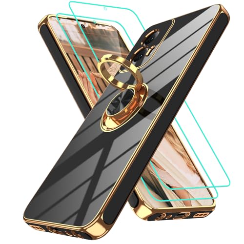 Funda para Motorola Moto G Power 5G 2024: 2 protectores de pantalla, soporte de anillo de rotación de 360°, soporte magnético, cubierta protectora de TPU suave con borde dorado, negro