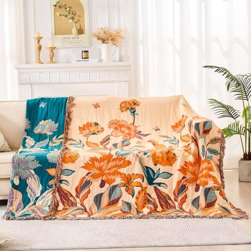 Image of XIBLC Boho Throw Blanket for Bed, 100% Cotton Soft Rustic Quilt Fall Blanket, 60 inchx80 inch Floral Printed Farmhouse Decor Bed Blankets, All Season Rustic Reversible Bohemian Throw Quilt