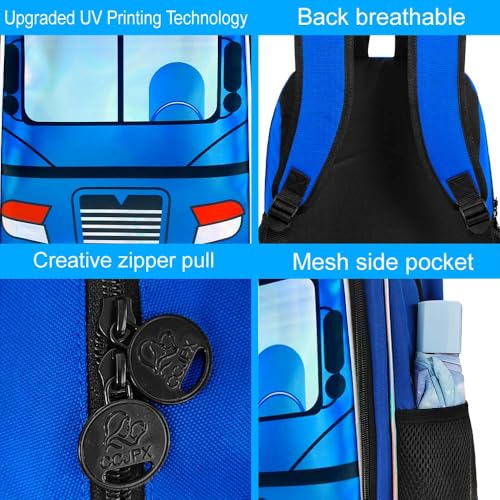 Image of WZLVO 3PCS Kids Bus Backpack Set, 16 inch Cool UV Printing Boys Bookbag /School Bag with Lunch Box & Pencil Bag for Preschool to Elementary - Blue Bus
