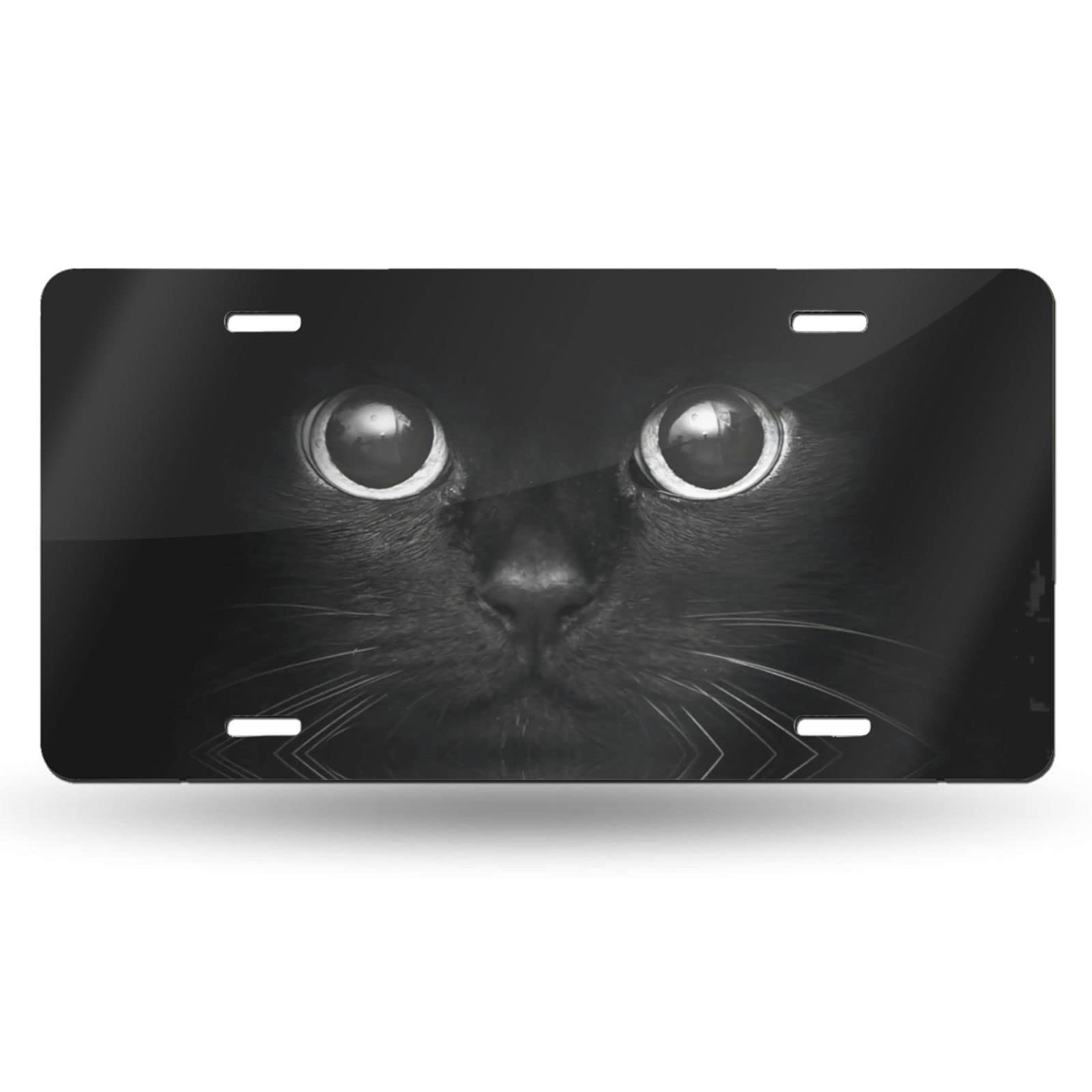 Black Cat Eyes Watching License Plate Cover Decorative Car Front License Plate Novelty Aluminum Car Plate Vanity Tag 6×12 Inch - 4 Holes