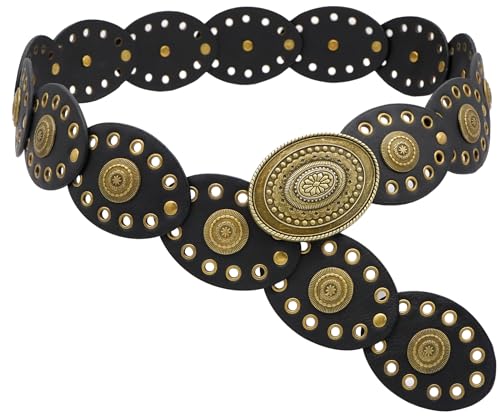 Oval Disc Belts for Women Wide Leather Concho Belt Boho Western Waist Belts for Dresses