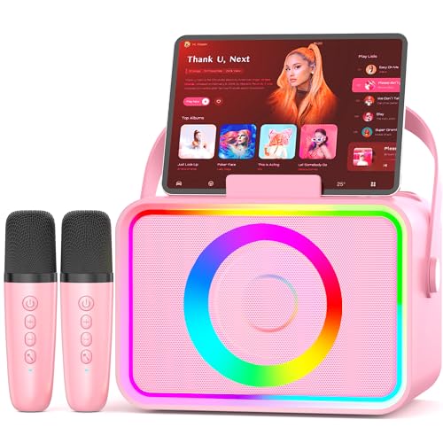 Karaoke Machine,Portable Bluetooth Speaker with 2 Wireless Microphone for Adults & Kids with LED Lights, Karaoke Microphone with PA System Supports USB/TF/AUX,Gift for Party (Pink)