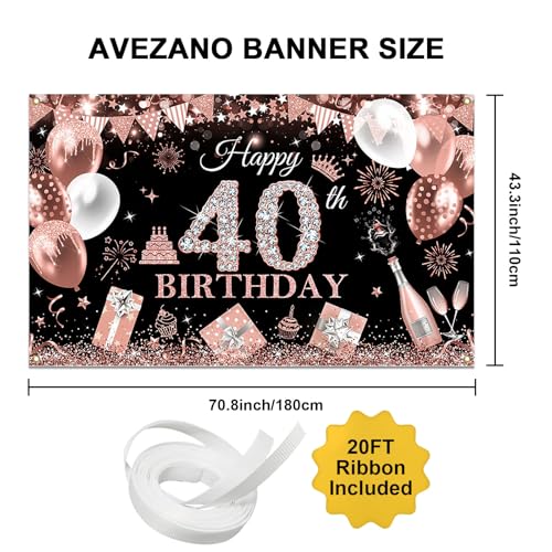 Image of Avezano Happy 40th Birthday Banner for Women Black and Rose Gold Glitter Balloon 40 Birthday Party Backdrop 40 Year Old Bday Photo Backdrop Party Supplies 70.8 x 43.3 Inch