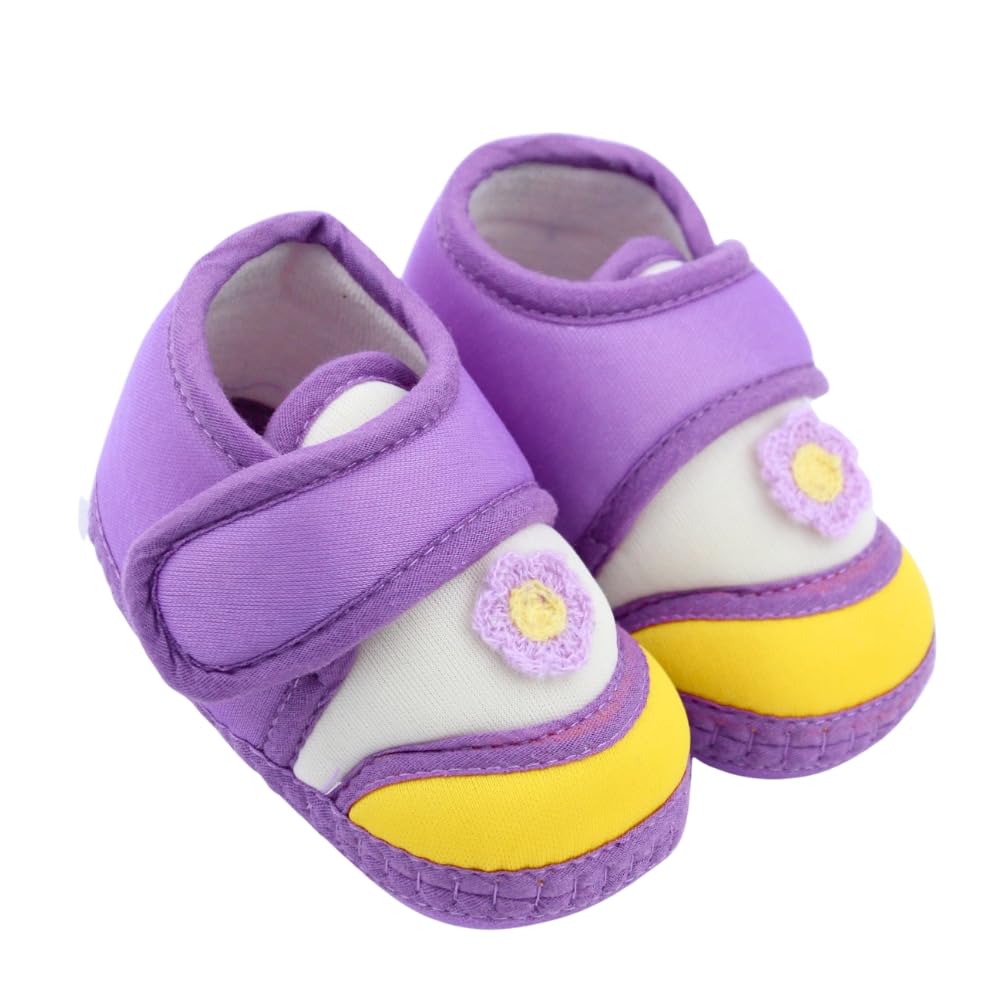 6 To 12 Months Baby Boys & Baby Girls Cotton Floral Purple,Yellow Hook & Loop Booties-BT5369-image-2
