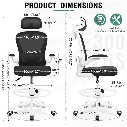 Image of Drafting Chair, Tall Office Chair with 3D Lumbar & Head Support, Ergonomic Mesh Standing Desk Chair with Footring, Comfy Extended High Desk Chair with Flip-Up Arms & Hanger,White