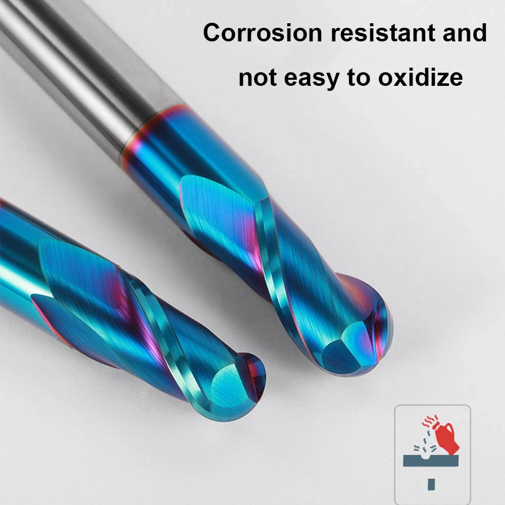 3mm 4mm 6mm 8mm Schaft HRC65 Kugelfräser CNC-Fräser Doppelflöte Spiralfräswerkzeug Wolframkarbidschneider mit Nano-Blau-Beschichtung(R9.0x18Dx100L)