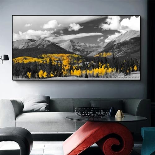 Affiches et impressions d'art mural paysage montagne, peinture sur toile arbres jaunes 70x140cm