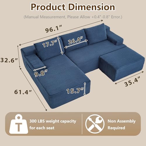 Image of 96 inch U-Shape Cloud Couch, Modern Modular Sectional L-Shape Sofa with Ottoman, Corduroy Upholstered Couches Deep Seat Sleeper Chaise Longue for Living Room, No Assembly Required(Blue, Left Facing)