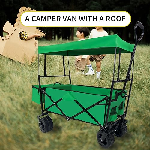 SPOFLYINN Outdoor Garden Park Wagon with Canopy and Pockets, Foldable Portable Utility Beach Trolley Cart with 7" Wheels for Camping Garden Sports (262LBS Max Weight Capacity) Grass Green As Shown by SPOFLYINN - Image 2