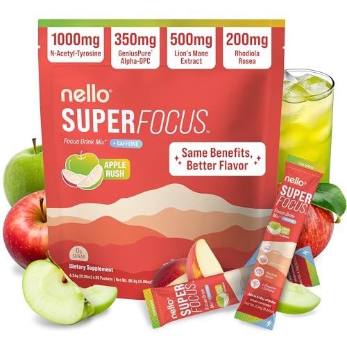 Nello Superfocus – Nootropic Focus Drink Mix for Productivity, Caffeine, L-Theanine, Rhodiola Rosea, Alpha-GPC, Lion’s Mane, Tyrosine, Sugar-Free Packets - With Caffeine (Pack of 20) (20 Servings (Caffeine), Apple Rush)