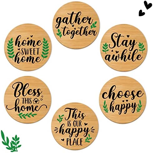 Farmhouse Coaster, Bamboo Wood Drink Coasters Set of 6 Wooden Coasters for Coffee Mug, Tabletop Protection Glass Cup Bottle Heat Resistant Rustic Home Decor Kitchen Room Bar Decor Housewarming Idea
