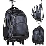 Mochila Bolsa de Couro PU com rodinha Impermeável Executiva Elegante para Notebook, Múltiplos Compartimentos Viagem, Faculdade, Escola Resistente Reforçada com Cabo (Preta)