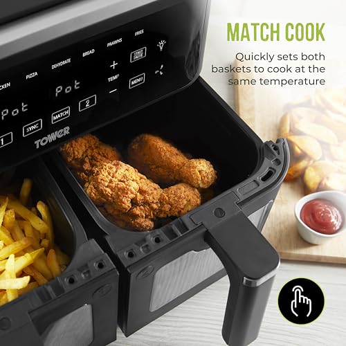 L Dual Basket Air Fryer with Digital Control Panel, 8 Cooking Pre-sets, Sync Function & Match Cook Function, Shake Reminder, 2400W, Black - Image 6