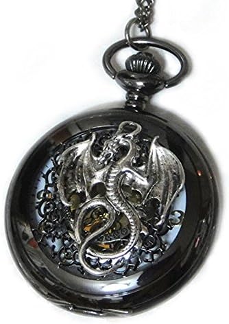 Dragon Black Pocket Watch Necklace Pendant - Vintage Victorian Style - Steampunk Retro Pocketwatch Fly Dragon Charms